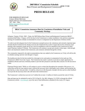 BRAC Commission Press Release: BRAC Commission Announces Date for Conclusion of Installation Visits and Community Meetings