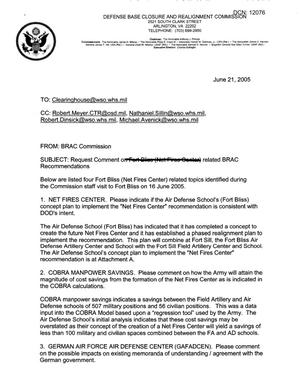 Request for Comment on Ft. Bliss (Net Fires Center) Related BRAC Recommendations