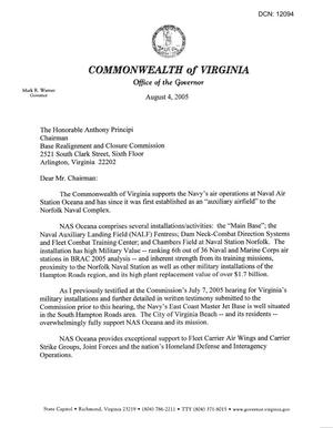 Executive Correspondence From Gov. Warner (VA) dtd August 4, 2005