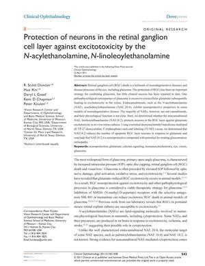 Primary view of object titled 'Protection of neurons in the retinal ganglion cell layer against excitotoxicity by the N-acylethanolamine, N-linoleoylethanolamine'.