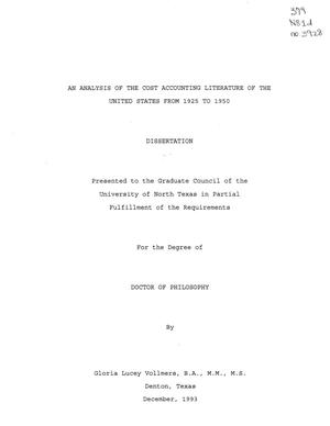 An Analysis of the Cost Accounting Literature of the United States from 1925 to 1950