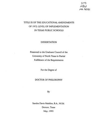 Primary view of object titled 'Title IX of the Educational Amendments of 1972: Level of Implementation in Texas Public Schools'.