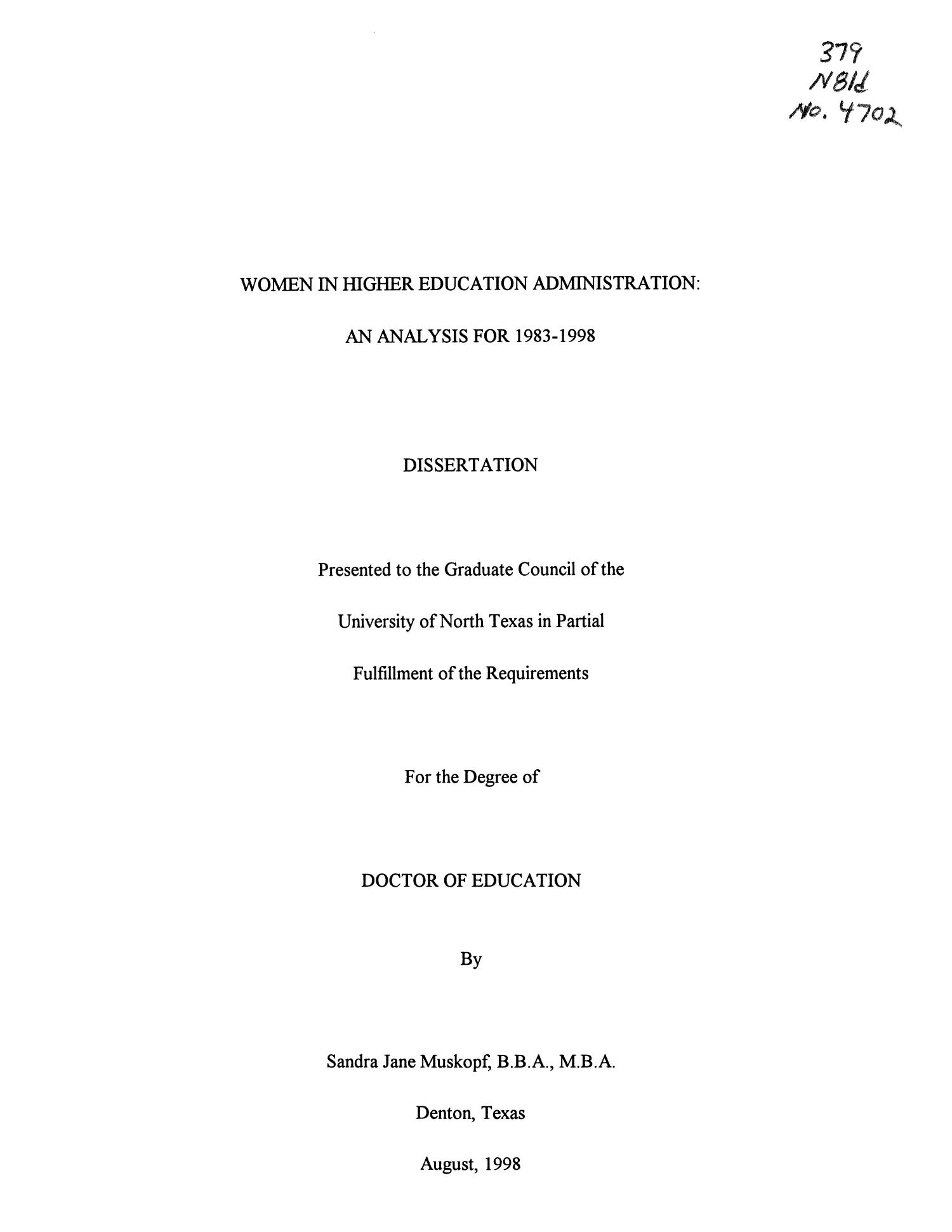Women in Higher Education Administration: An Analysis for 1983-1998
                                                
                                                    Title Page
                                                