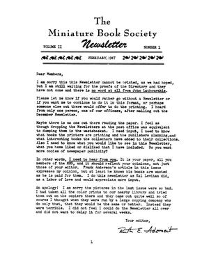 Primary view of object titled 'Miniature Book Society Newsletter, Volume 2, Number 1, February 1987'.
