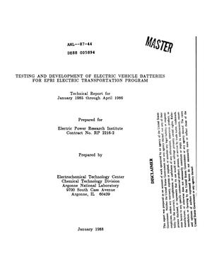 Testing and Development of Electric Vehicle Batteries for EPRI Electric Transportation Program : Technical Report for January 1985 - April 1986