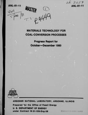 Primary view of object titled 'Materials Technology for Coal-Conversion Processes Quarterly Report: October-December 1980'.