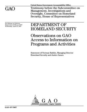 Department of Homeland Security: Observations on GAO Access to Information on Programs and Activities
