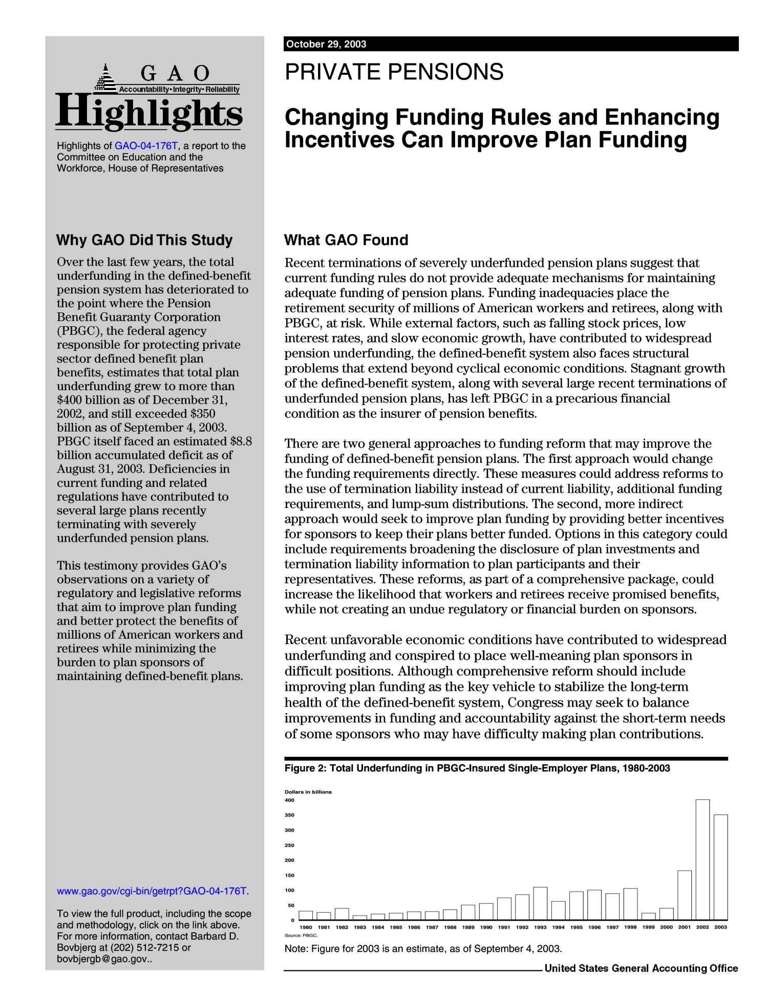 Private Pensions: Changing Funding Rules and Enhancing Incentives Can Improve Plan Funding
                                                
                                                    [Sequence #]: 2 of 25
                                                