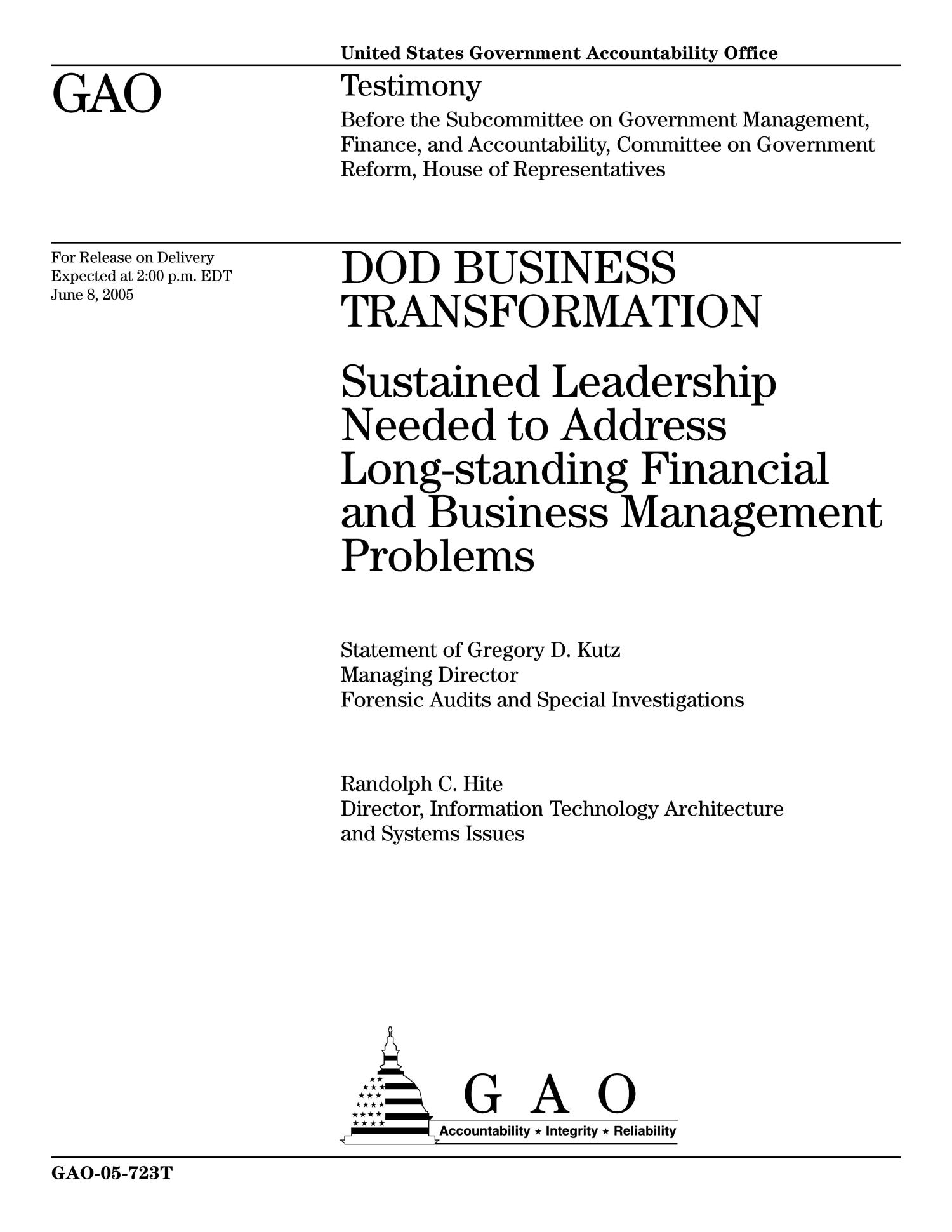 DOD Business Transformation: Sustained Leadership Needed to Address Long-standing Financial and Business Management Problems
                                                
                                                    [Sequence #]: 1 of 29
                                                