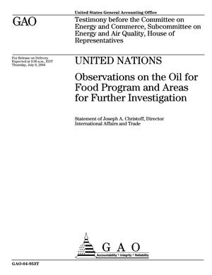 United Nations: Observations on the Oil for Food Program and Areas for Further Investigation
