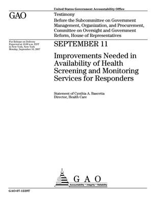 September 11: Improvements Needed in Availability of Health Screening and Monitoring Services for Responders