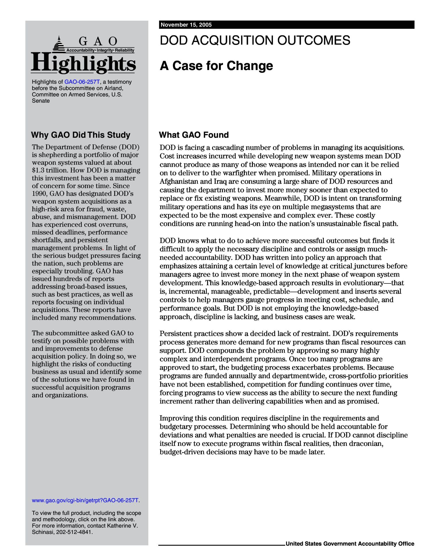 DOD Acquisition Outcomes: A Case for Change
                                                
                                                    [Sequence #]: 2 of 15
                                                