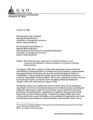 Homeland Security: Department of Justice's Response to Its Congressional Mandate to Assess and Report on Chemical Industry Vulnerabilities