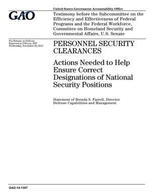 Personnel Security Clearances: Actions Needed to Help Ensure Correct Designations of National Security Positions