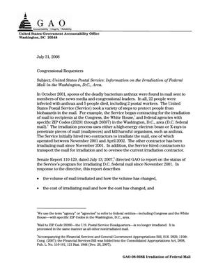United States Postal Service: Information on the Irradiation of Federal Mail in the Washington, D.C., Area