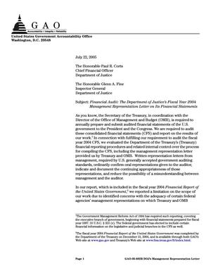 Financial Audit: The Department of Justice's Fiscal Year 2004 Management Representation Letter on Its Financial Statements