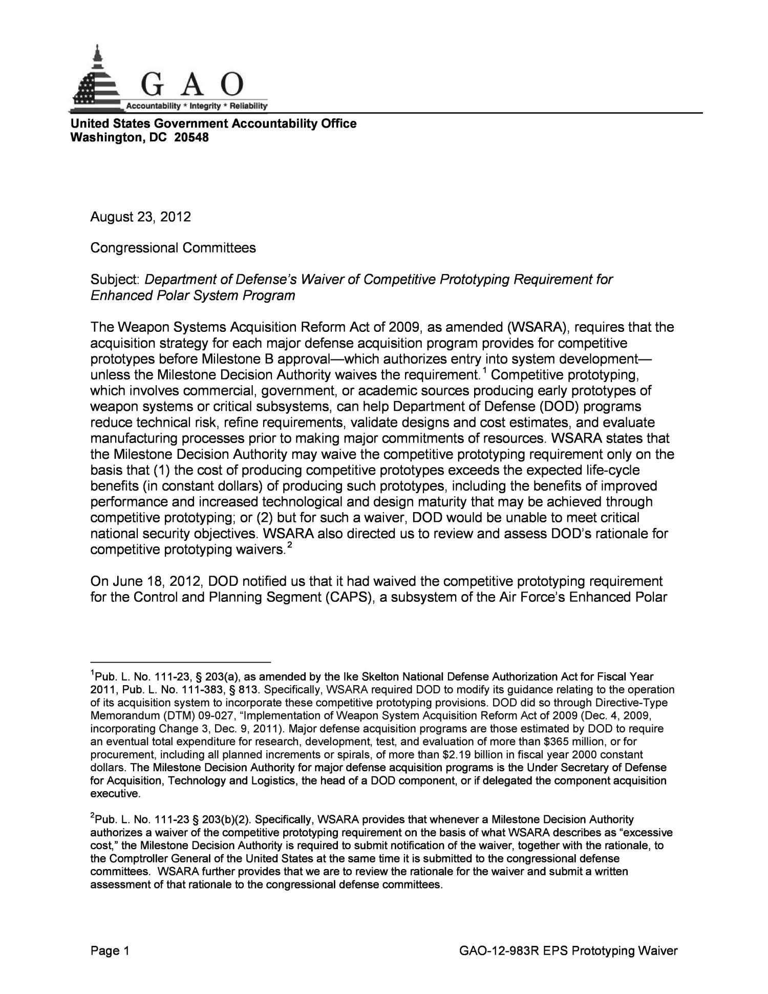 Department of Defense's Waiver of Competitive Prototyping Requirement for Enhanced Polar System Program
                                                
                                                    [Sequence #]: 1 of 11
                                                