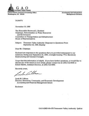Tennessee Valley Authority: Response to Questions From September 22, 1999, Hearing