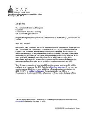 Emergency Management: GAO Responses to Post-hearing Questions for the Record