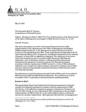 Management Report: IRS's First-Year Implementation of the Requirements of the Office of Management and Budget's (OMB) Revised Circular No. A-123