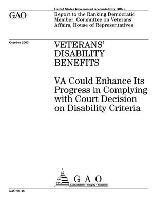 Veterans' Disability Benefits: VA Could Enhance Its Progress in Complying with Court Decision on Disability Criteria