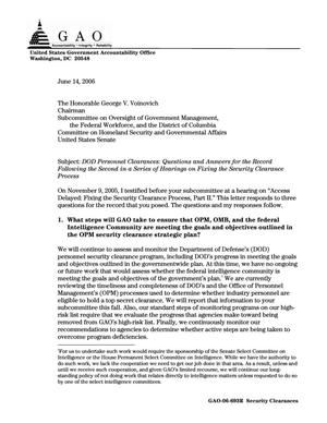 DOD Personnel Clearances: Questions and Answers for the Record Following the Second in a Series of Hearings on Fixing the Security Clearance Process