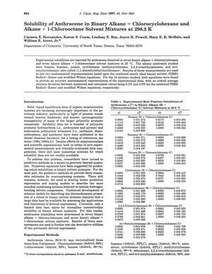 Solubility of Anthracene in Binary Alkane + Chlorocyclohexane and Alkane + 1-Chlorooctane Solvent Mixtures at 298.2 K