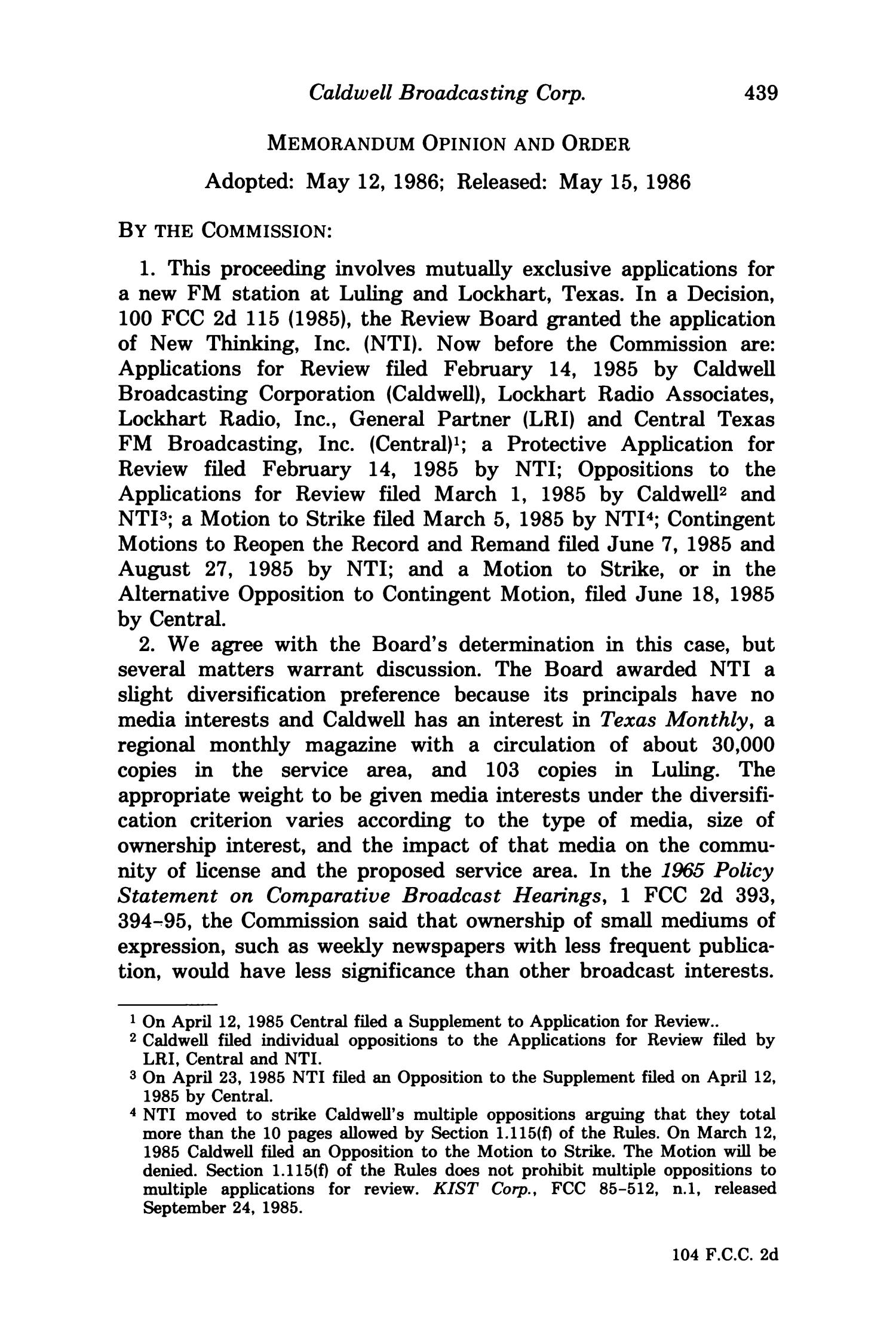 FCC Reports, Second Series, Volume 104, Number 2, Pages 375 to 719, August 1986
                                                
                                                    439
                                                