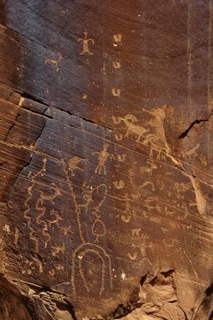 Primary view of object titled 'Petroglyphs, Kane Creek Road, near Moab, Utah'.