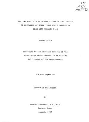 Primary view of object titled 'Content and Focus of Dissertations in the College of Education at North Texas State University from 1975 through 1986'.