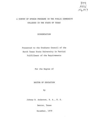 Primary view of object titled 'A Survey of Speech Programs in the Public Community Colleges in the State of Texas'.