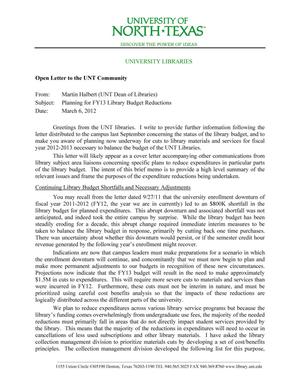 Open Letter to the UNT Community: Planning for FY13 Library Budget Reductions - March 6, 2012