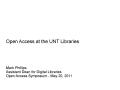 Thumbnail image of item number 1 in: 'Open Access at the UNT Libraries'.