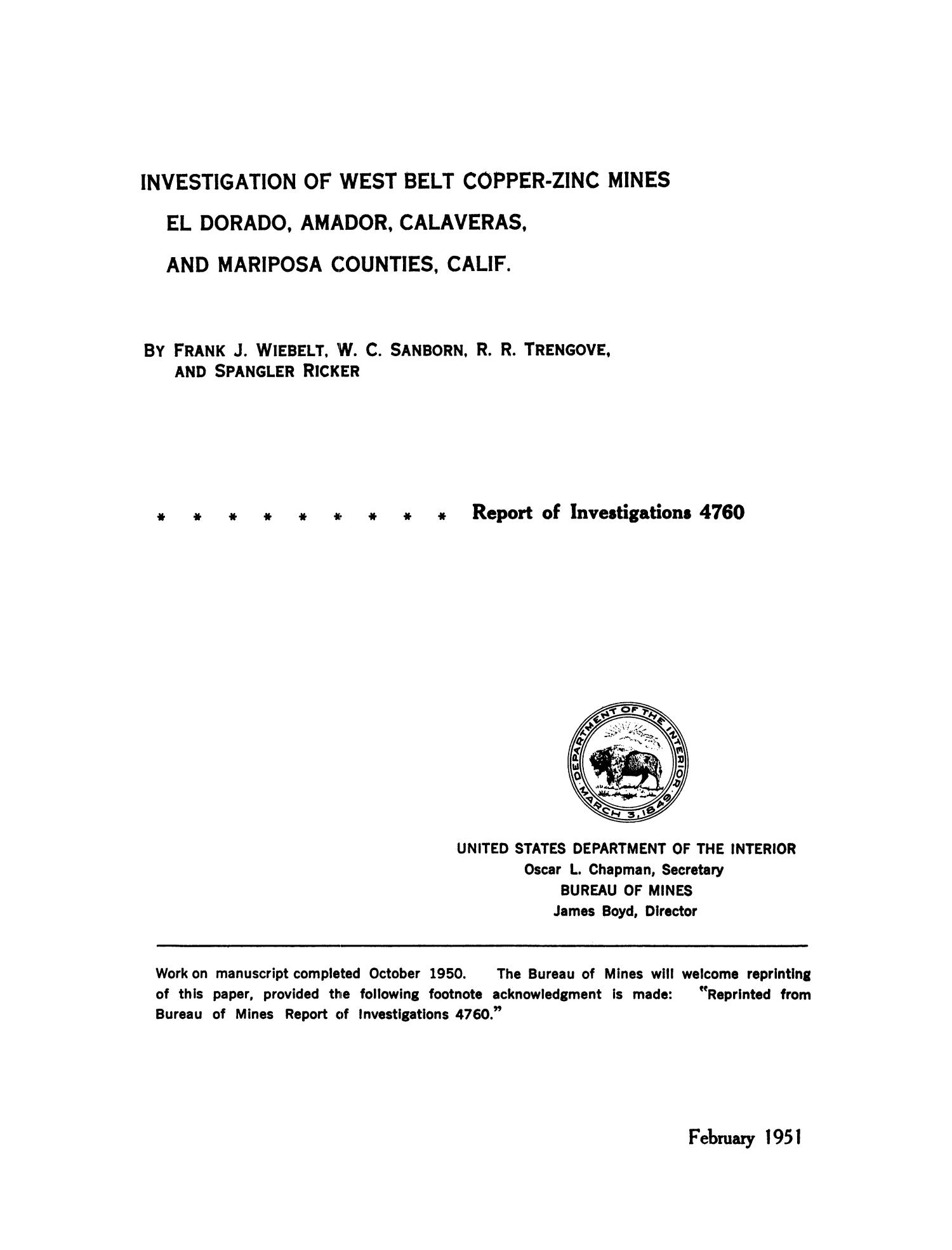 Investigation of West Belt Copper-Zinc Mines, El Dorado, Amador, Calaveras, and Mariposa Counties, California
                                                
                                                    Title Page
                                                