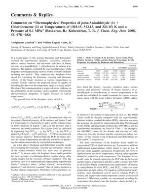 Comments on "Thermophysical Properties of para-Anisaldehyde (1) + Chlorobenzene (2) at Temperatures of (303.15, 313.15, and 323.15) K and a Pressure of 0.1 MPa" (Baskaran, R.; Kubendran, T. R. J. Chem. Eng. Data 2008, 53, 978-982)