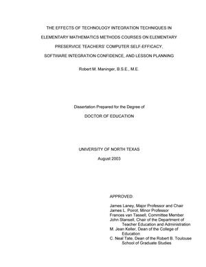 The Effects of Technology Integration Techniques in Elementary Mathematics Methods Courses on Elementary Preservice Teachers' Computer Self-Efficacy, Software Integration Confidence, and Lesson Planning