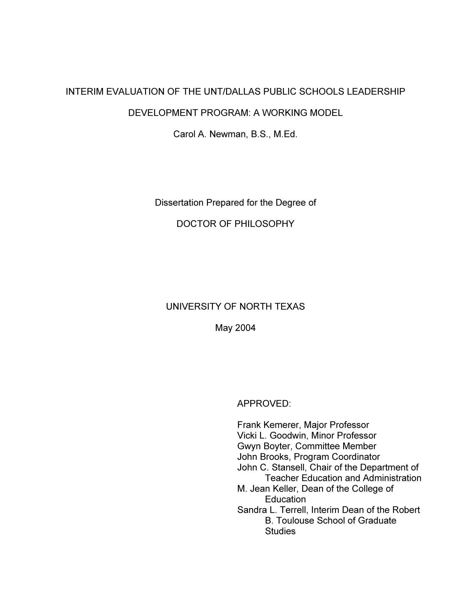 Interim Evaluation of the UNT/Dallas Public Schools Leadership