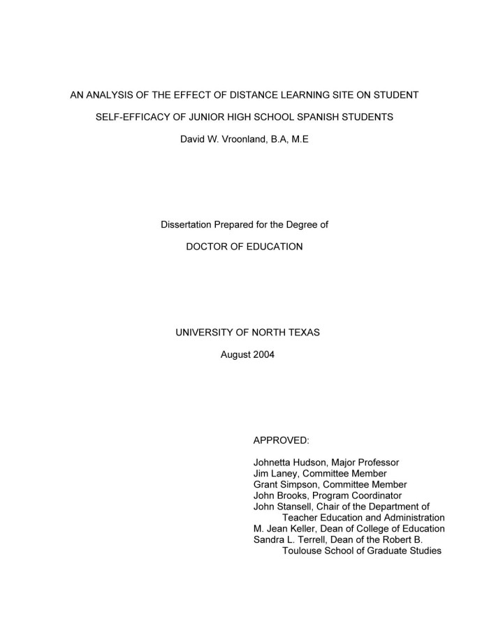 Primary view of object titled 'An Analysis of the Effect of Distance Learning on Student Self-Efficacy of Junior High School Spanish Students.'.