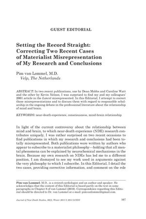 Primary view of object titled 'Guest Editorial: Setting the Record Straight: Correcting Two Recent Cases of Materialist Misrepresentation of My Research and Conclusions'.