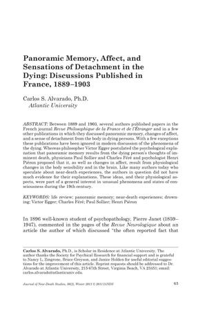 Panoramic Memory, Affect, and Sensations of Detachment in the Dying: Discussions Published in France, 1889-1903
