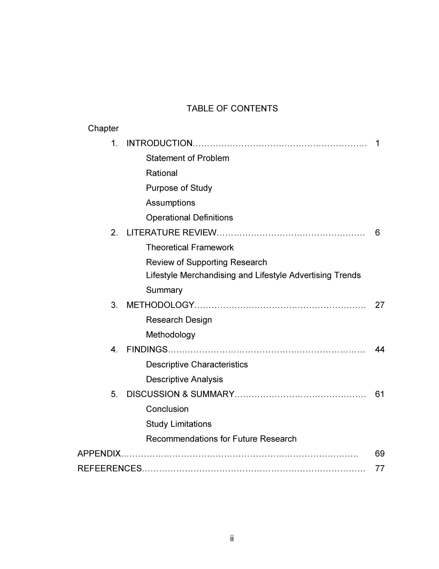 table of contents of literature review