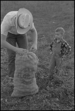 [Photograph of a man and a boy tying a sack, 1]