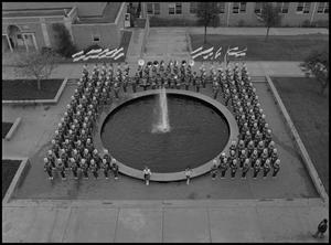 [North Texas State University marching band in front of Willis Library]