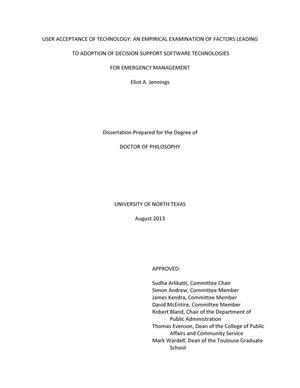 Primary view of object titled 'User Acceptance of Technology: an Empirical Examination of Factors Leading to Adoption of Decision Support Technologies for Emergency Management'.