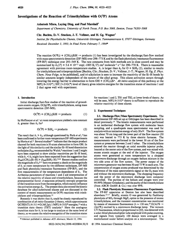 Investigations Of The Reaction Of Trimethylsilane With O P Atoms Unt Digital Library