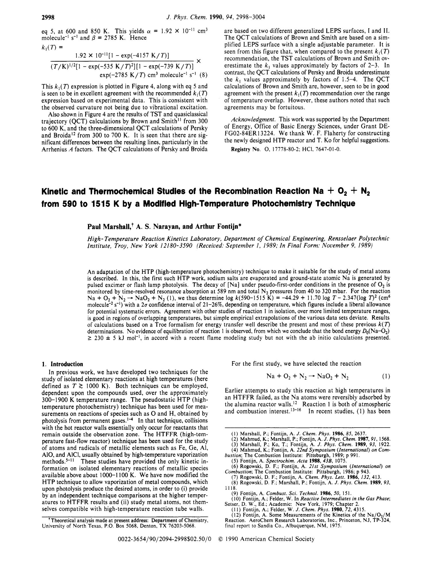 Kinetic And Thermochemical Studies Of The Recombination Reaction Na O N From 590 To 1515 K By A Modified High Temperature Photochemistry Technique Unt Digital Library