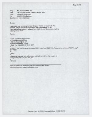 Primary view of object titled '[Email from Mary Cheney to Charles Francis, July 8, 2003]'.