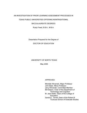 Primary view of object titled 'An investigation of prior learning assessment processes in Texas public universities offering nontraditional baccalaureate degrees.'.