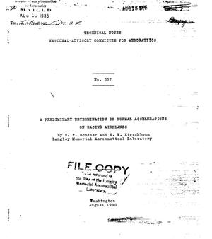 Primary view of object titled 'A preliminary determination of normal accelerations on racing airplanes'.