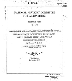 Experimental and calculated characteristics of several high-aspect-ratio tapered wings incorporating NACA 44-series, 230-series, and low-drag 64- series airfoil sections